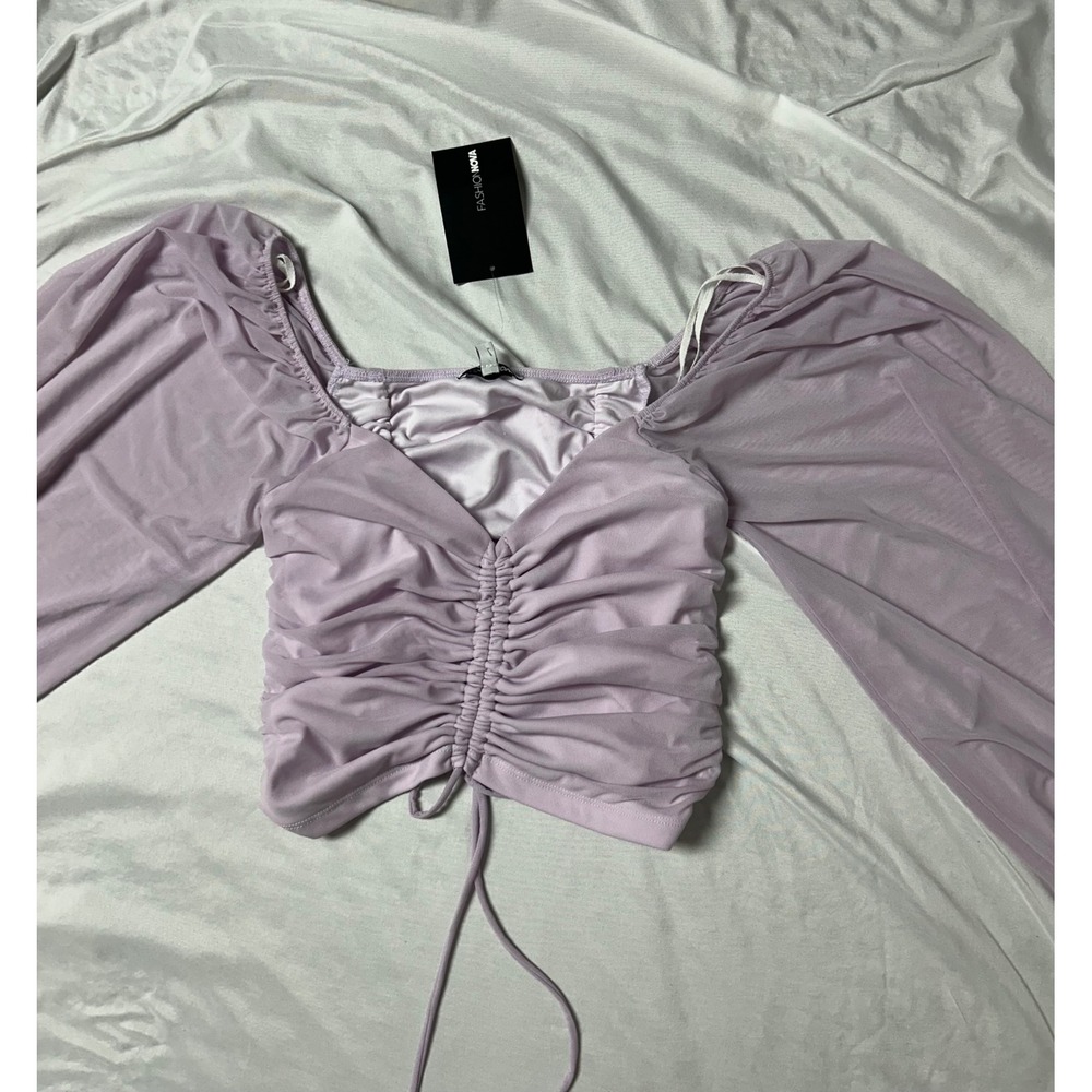 NWT Fashion Nova Your Eyes On Me Top Lavender Ruched Mesh Balloon Sleeve Crop L - Picture 3 of 14